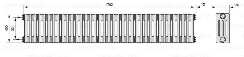 Схема (чертеж) Радиатор Zehnder Charleston 4040/37 №1270 Белый глянцевый RAL 9016